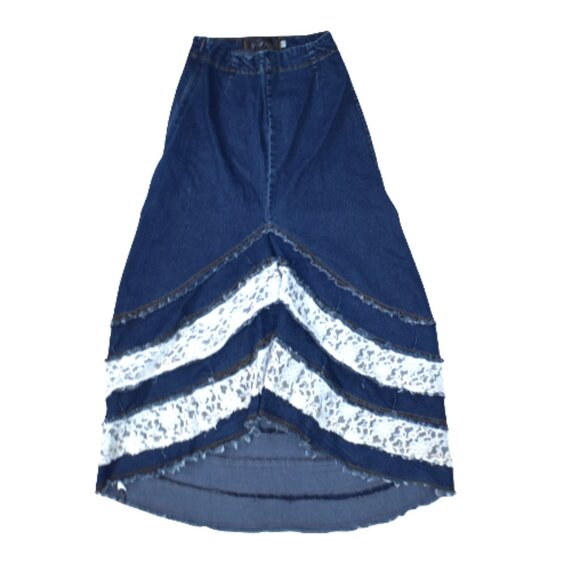 New Paris Jean Lace Maxi Skirt Size 26 High Waist Dark Denim Boho Hippie - Picture 1 of 9